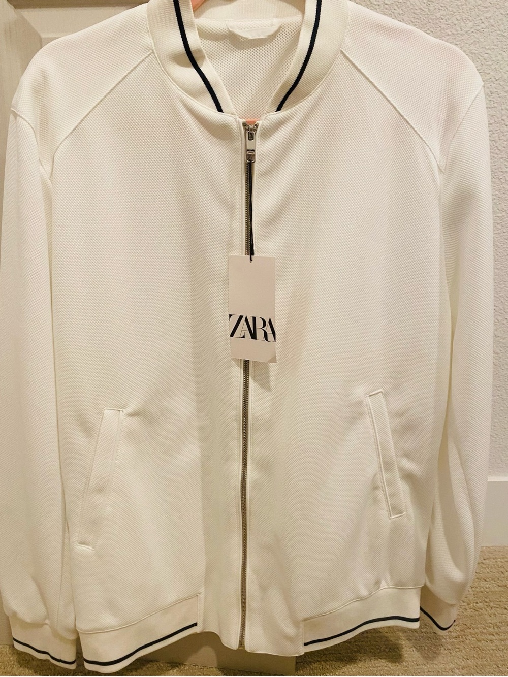 ZARA White Bomber Jacket with Black Contrast Trim
